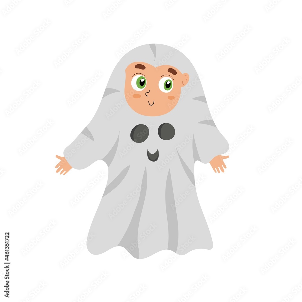 Cute Halloween kid wearing ghost costume. Funny trick or treat boy, girl. Mummery clipart. Vector illustration Cute Halloween kid wearing ghost costume. Funny trick or treat boy, girl. Mummery clipart. Vector illustration