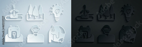 Set Face in protective mask, Light bulb with leaf, Polar bear head, Global warming, Forest and Wind turbine icon. Vector