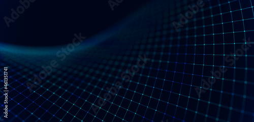 Blue dynamic particles wave. Embossed mesh representing internet connections, cloud computing and neural networks. Data flow. Technology background. 3d rendering.