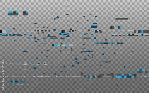 Glitch overlay effect. Color pixel composition. Abstract distorted shapes. Digital distortion on transparent backdrop. Video no signal. Vector illustration