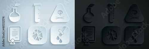 Set Salt stone, Triangle warning toxic, Certificate template, Test tube and flask, and Plant breeding icon. Vector