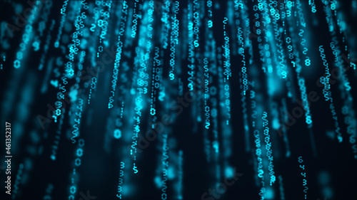 Stream of numbers, modern blue digital background. Virtual reality, abstract matrix background. Data flow, concept of falling money. Computing, data processing, cyber security. 3d rendering.