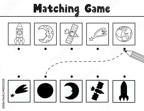 Find the correct shadow matching game with cute space characters and elements. Black and white space activity page for kids. Search the silhouette puzzle. Vector illustration