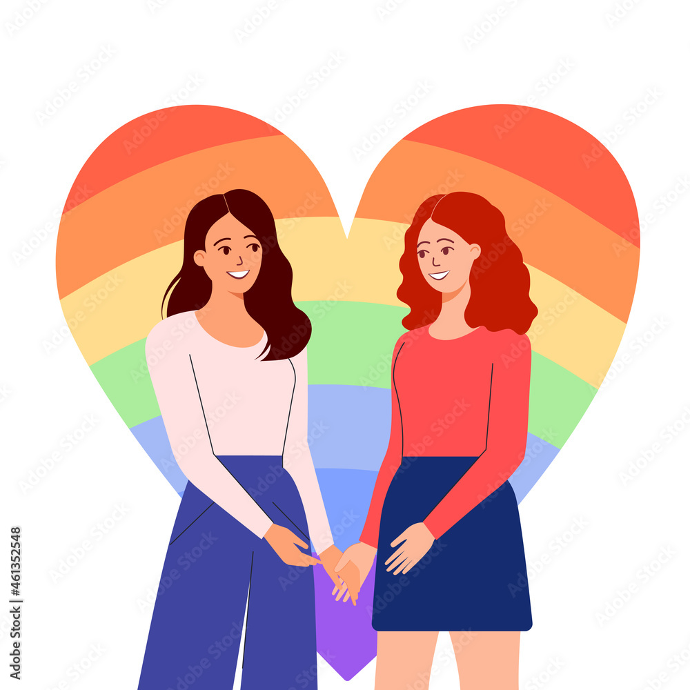 Women holding hands. A heart in the colors of rainbow behind two girls holding hands. Heart shaped colorful flag with LGBT colors. Lesbian love concept. Vector illustration isolated on white