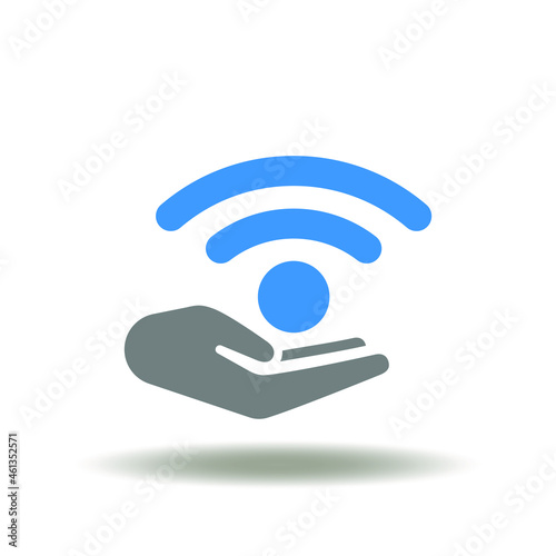 Vector illustration of hand giving wireless radio signal. Symbol of Wi-Fi mobile communication. Icon of WiFi. Contactless data transfer sign.