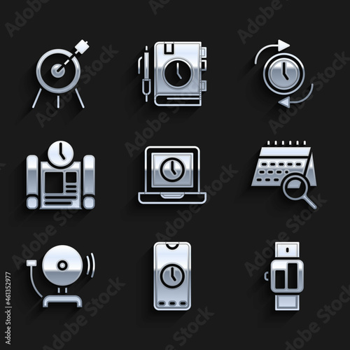 Set Laptop time, Alarm clock app mobile, Smartwatch, Calendar search, Ringing alarm bell, Project plan, Clock with arrow and Target sport icon. Vector