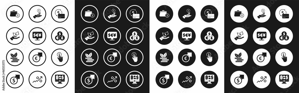 Set Credit card, Currency exchange, Hand holding money, Wallet with coins, Dollar plant, and icon. Vector Set Credit card, Currency exchange, Hand holding money, Wallet with coins, Dollar plant, and icon. Vector