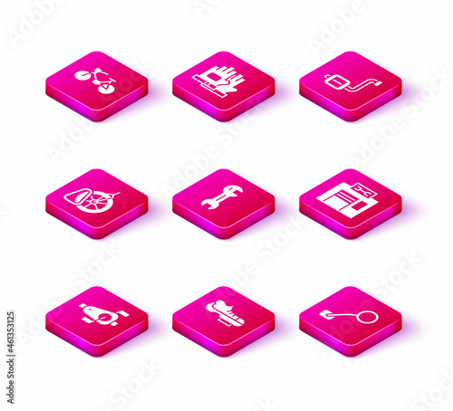 Set Bicycle pedals, shoes, parking, Wrench spanner, rear view mirror, repair service, and Gloves icon. Vector