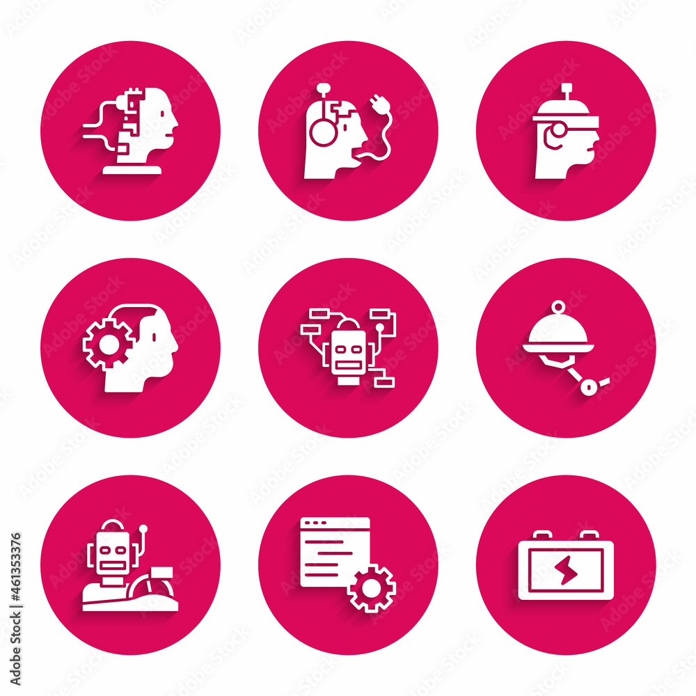 Set Robot, Computer api interface, Battery, Waiter robot, humanoid driving car, Humanoid, Smart glasses and for maintenance icon. Vector Set Robot, Computer api interface, Battery, Waiter robot, humanoid driving car, Humanoid, Smart glasses and for maintenance icon. Vector