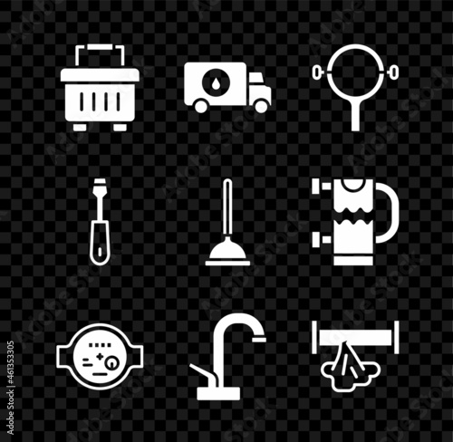 Set Toolbox, Plumber service car, Filter wrench, Water meter, tap, Broken pipe, Screwdriver and Rubber plunger icon. Vector