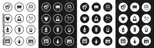 Set Brush for cleaning, Cleaning lady service, Drying clothes, Socks, Iron and ironing board, table, Bucket with rag and Bottle agent icon. Vector