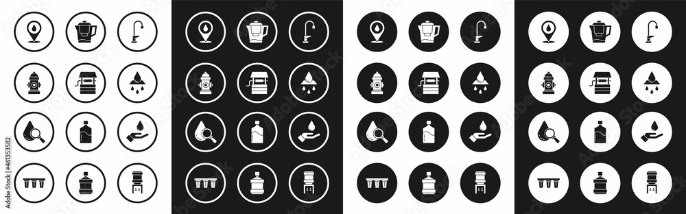 Set Water tap, Well with bucket, Fire hydrant, drop location, Recycle clean aqua, jug filter, Washing hands soap and Drop magnifying glass icon. Vector