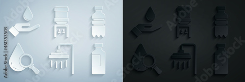 Set Shower, Bottle of water, Drop and magnifying glass, Water cooler and Washing hands with soap icon. Vector