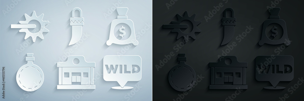 Set Wild west saloon, Money bag, Canteen water bottle, Pointer to wild, Tooth and Spur icon. Vector