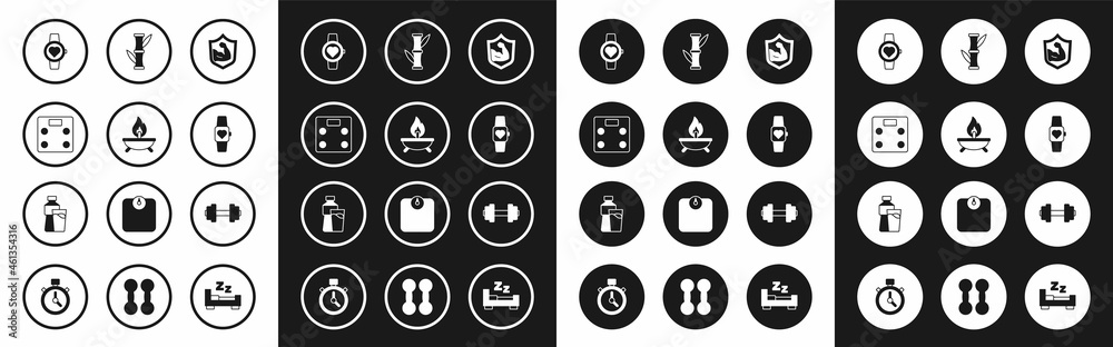Set Bodybuilder muscle, Aroma candle, Bathroom scales, Smart watch, Bamboo, Dumbbell and Bottle of water with glass icon. Vector