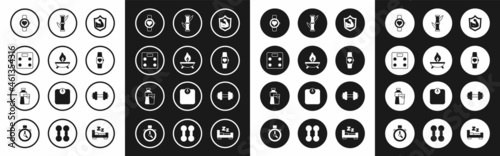 Set Bodybuilder muscle, Aroma candle, Bathroom scales, Smart watch, Bamboo, Dumbbell and Bottle of water with glass icon. Vector