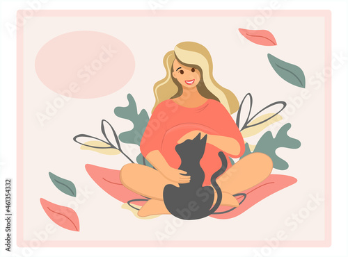 A pregnant woman is stroking a cat on a background of autumn nature. She relieves stress and shows love for the animal. Vector template for design of online stores, clubs, networks with speech bubble