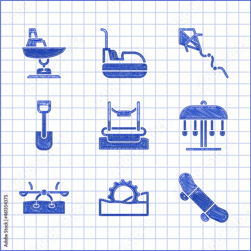 Set Bungee, Ferris wheel, Skateboard trick, Attraction carousel, Seesaw, Shovel toy, Kite and Swing boat icon. Vector