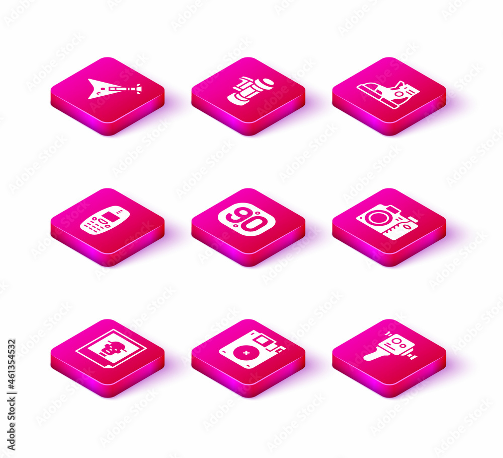 Set Photo, Floppy disk, Old mobile phone, 90s Retro, cinema camera, Sport sneakers and Camera roll cartridge icon. Vector Set Photo, Floppy disk, Old mobile phone, 90s Retro, cinema camera, Sport sneakers and Camera roll cartridge icon. Vector