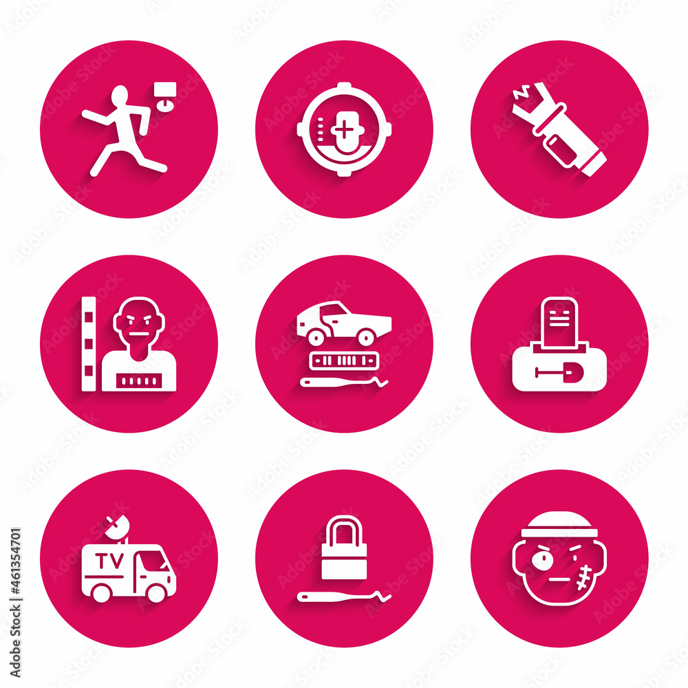 Set Car theft, Lock picks for lock picking, Bandit, Grave with tombstone, TV News car, Suspect criminal, Police electric shocker and Murder icon. Vector Set Car theft, Lock picks for lock picking, Bandit, Grave with tombstone, TV News car, Suspect criminal, Police electric shocker and Murder icon. Vector