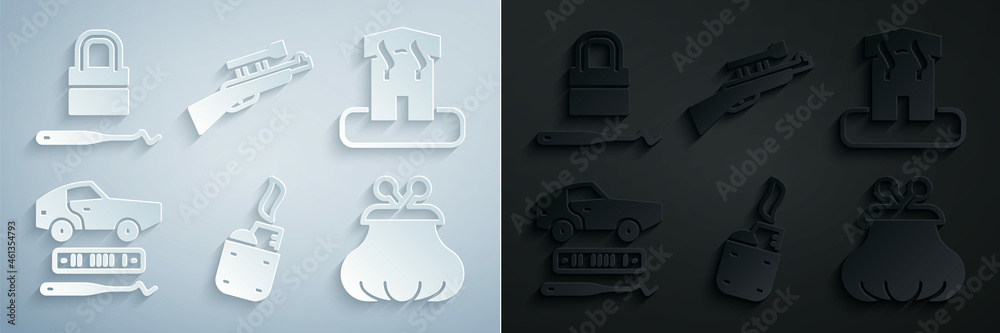 Set Lighter, Arson home, Car theft, Wallet, Sniper rifle with scope and Lock picks for lock picking icon. Vector Set Lighter, Arson home, Car theft, Wallet, Sniper rifle with scope and Lock picks for lock picking icon. Vector