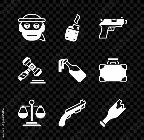 Set Bandit, Lighter, Pistol or gun, Scales of justice, Police shotgun, Broken bottle as weapon, Judge gavel and Cocktail molotov icon. Vector