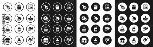 Set Warehouse interior with boxes, Price tag for pear, Steak meat, Healthy organic, Shopping basket, bag and food, egg and Hanging sign Open icon. Vector