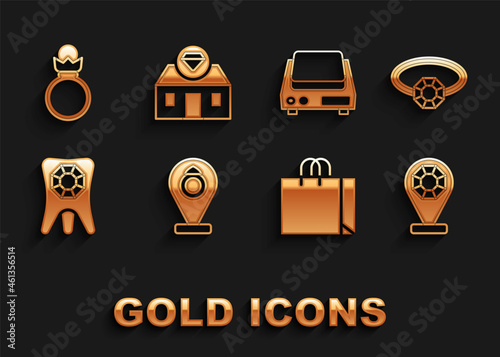 Set Jewelry store, Diamond engagement ring, Shopping bag jewelry, Tooth with diamond, Electronic scales, and icon. Vector
