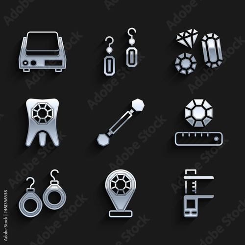 Set Piercing, Jewelry store, Calliper caliper and scale, Gem stone, Earrings, Tooth with diamond, and Electronic jewelry scales icon. Vector