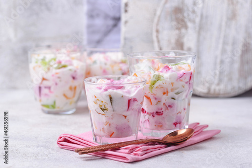 Multicolored dessert with fruit jelly
