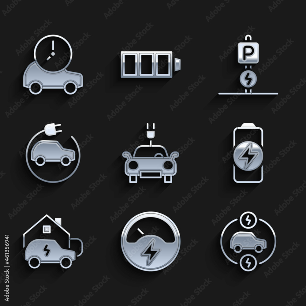 Set Electric car, Voltmeter, Battery charge, Charging home, parking electric and icon. Vector Set Electric car, Voltmeter, Battery charge, Charging home, parking electric and icon. Vector