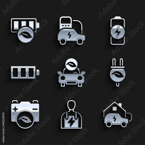 Set Eco car, Car mechanic, Charging at home, Electric saving plug leaf, nature battery, Battery charge, and icon. Vector