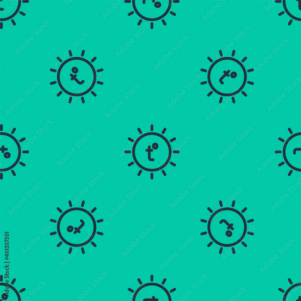 Blue line Sun icon isolated seamless pattern on green background. Summer symbol. Good sunny day. Vector