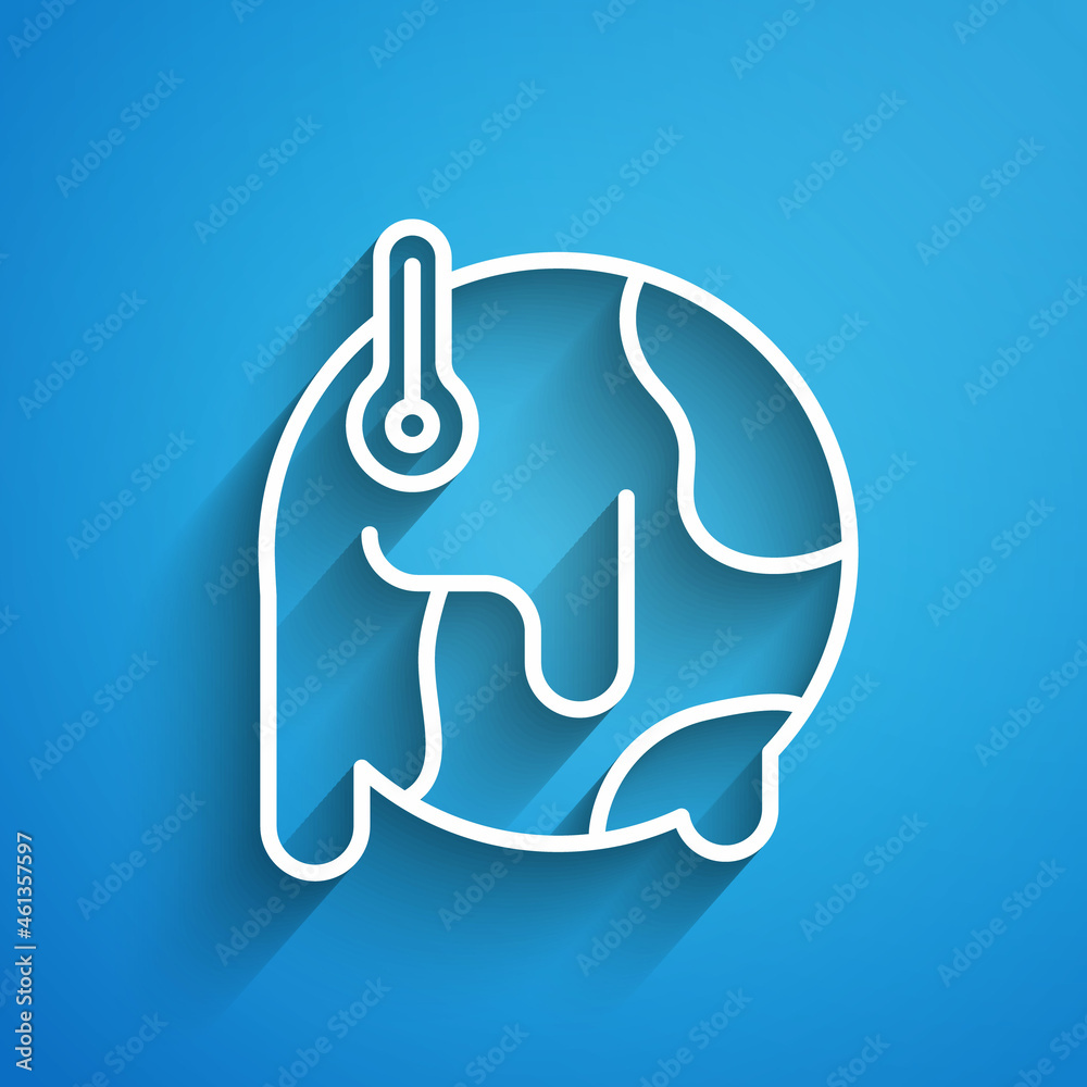 White line Planet earth melting to global warming icon isolated on blue background. Ecological problems and solutions - thermometer. Long shadow. Vector White line Planet earth melting to global warming icon isolated on blue background. Ecological problems and solutions - thermometer. Long shadow. Vector