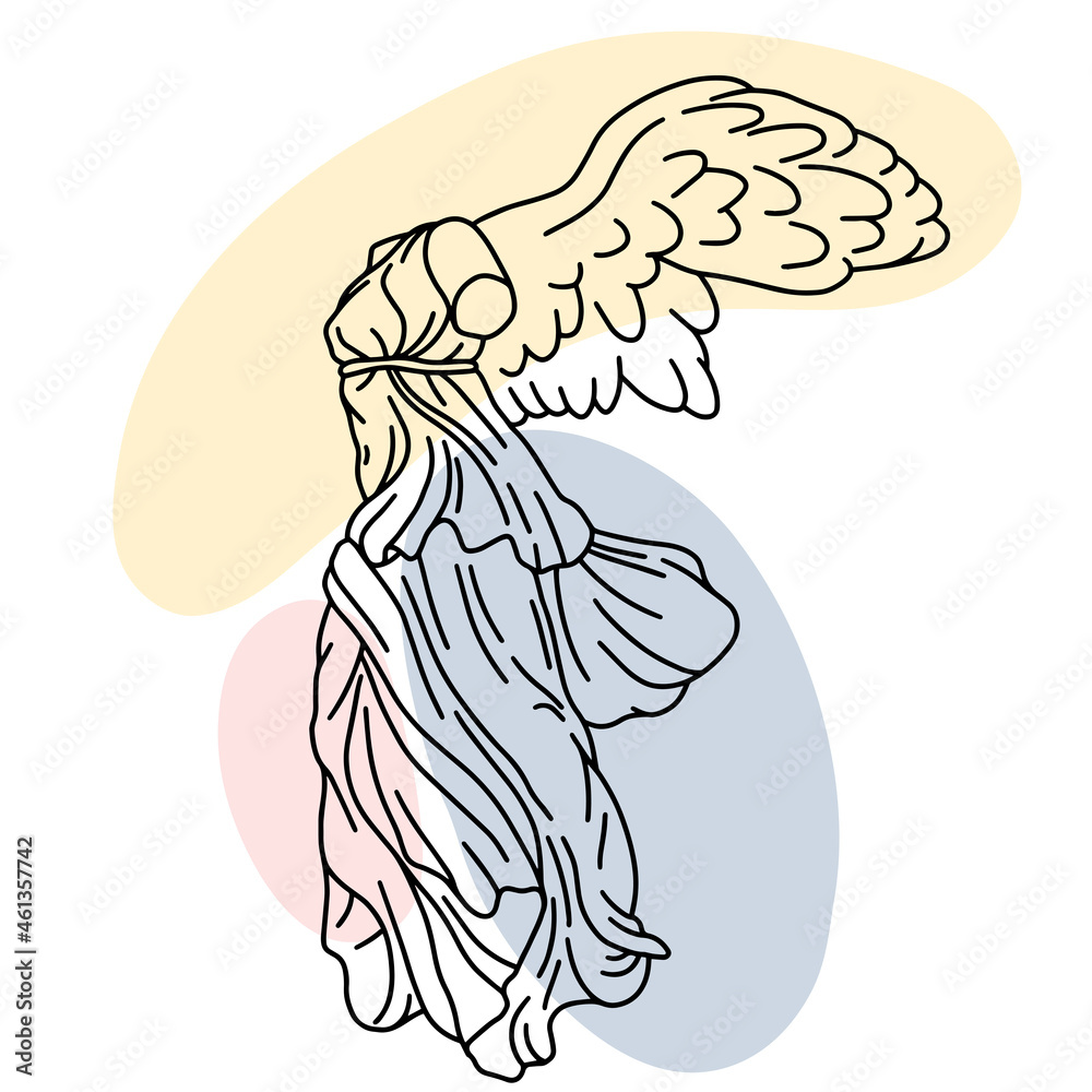 Vector illustration of Winged Victory of Samothrace. Line drawing of greek  with color spots background.