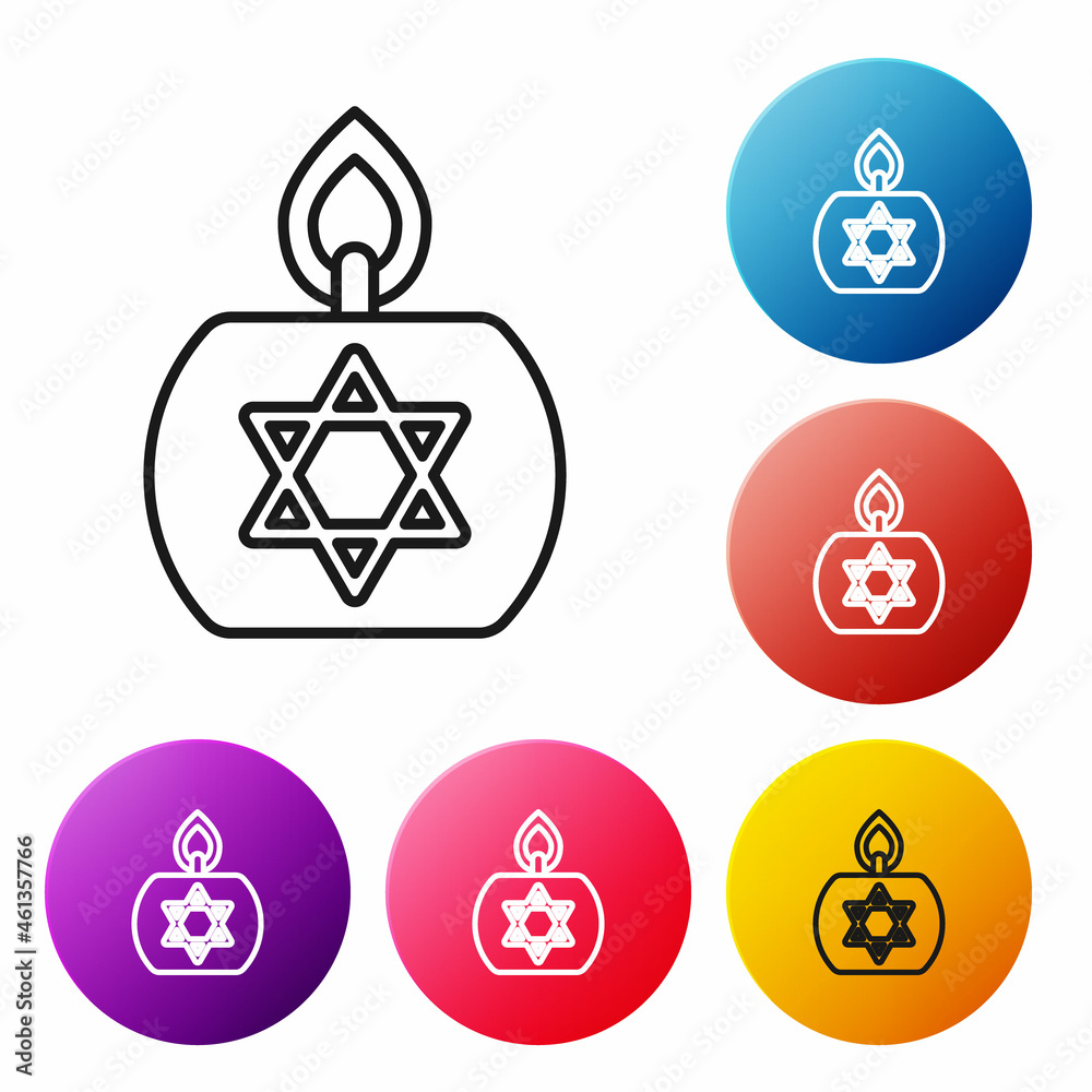 Black line Burning candle in candlestick with star of david icon isolated on white background. Cylindrical candle stick with burning flame. Set icons colorful circle buttons. Vector Black line Burning candle in candlestick with star of david icon isolated on white background. Cylindrical candle stick with burning flame. Set icons colorful circle buttons. Vector