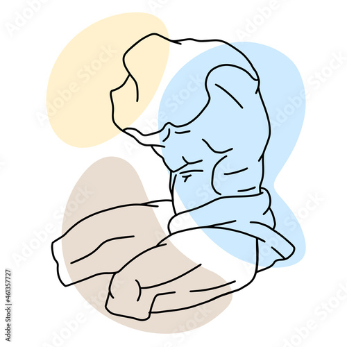 Vector illustration of antique statue of male torso. Line drawing of ancient greek sculpture with color spots background.