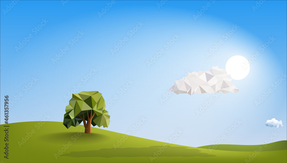 Fototapeta premium Low poly spring summer landscape background, polygon design template , can use for environment wallpaper concept. vector art and illustration.