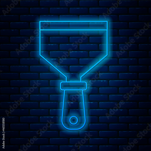 Glowing neon line Putty knife icon isolated on brick wall background. Spatula repair tool. Spackling or paint instruments. Vector