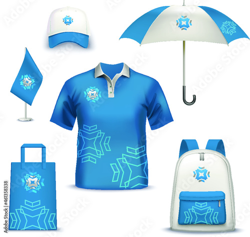 promotional and advertising layouts of an umbrella, t-shirt, bag, flag, cap