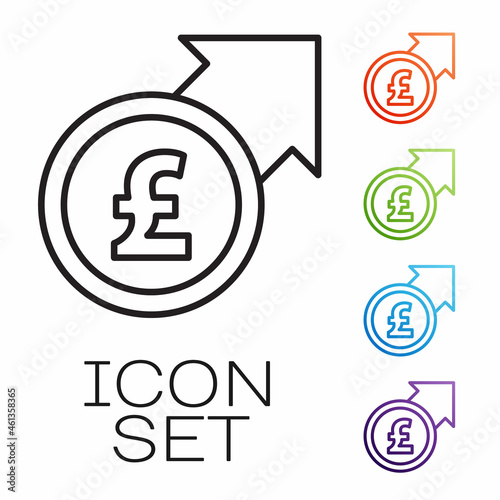 Black line Financial growth and pound sterling coin icon isolated on white background. Increasing revenue. Set icons colorful. Vector