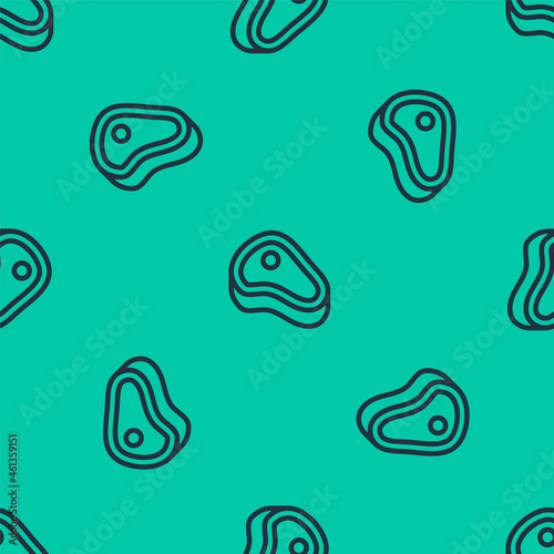 Blue line Steak meat icon isolated seamless pattern on green background. Vector