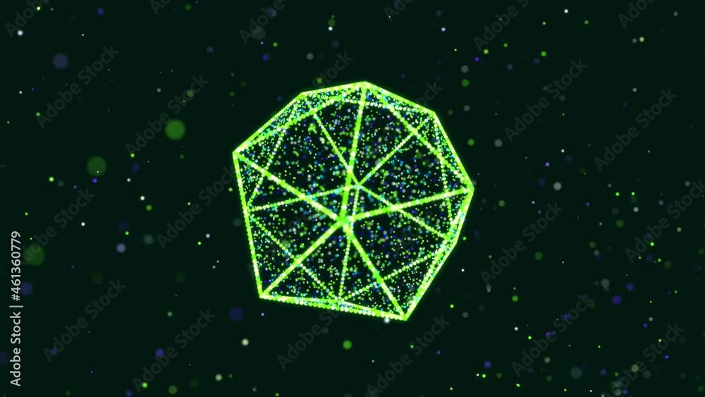 Abstract glow green particles form 3d object. Icosahedron Vj loop as bg of virtual digital space. Particles form holoram shape as concept of big data, network or vr space. Sci-fi motion design bg.