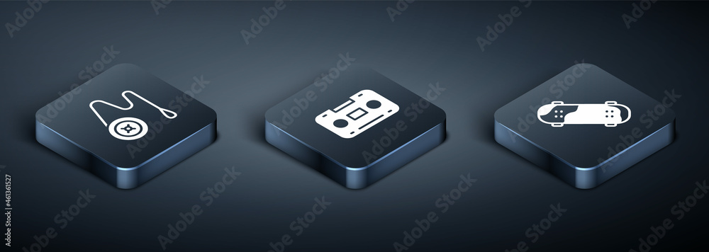Set Isometric Yoyo toy, Skateboard trick and Retro audio cassette tape icon. Vector Set Isometric Yoyo toy, Skateboard trick and Retro audio cassette tape icon. Vector