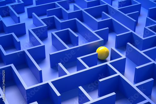 Concept - solving a complex problem. Blue maze and floor with yellow sphere.