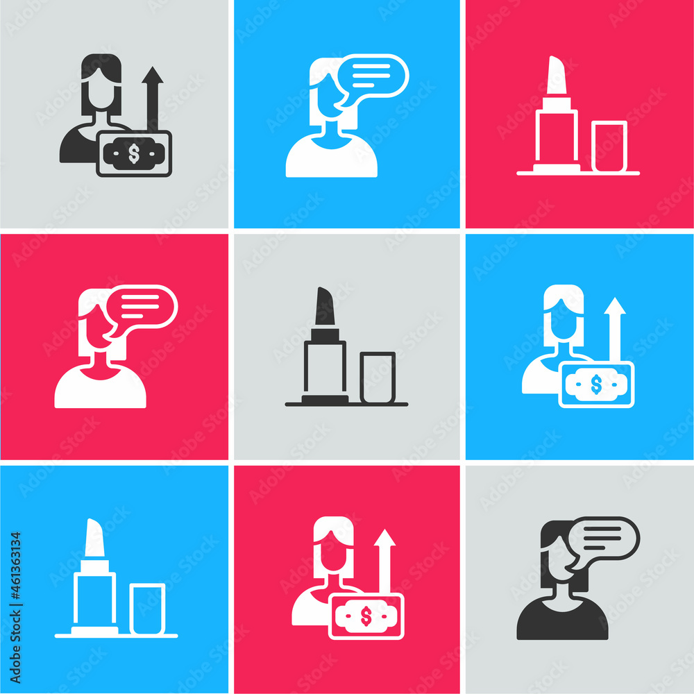 Set Money growth woman, Female opinion and Lipstick icon. Vector Set Money growth woman, Female opinion and Lipstick icon. Vector