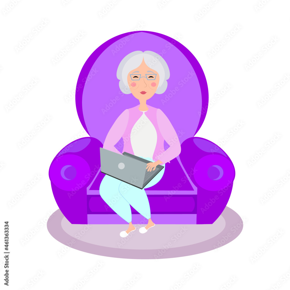 Grandma with laptop vector flat illustration Grandma with laptop vector flat illustration
