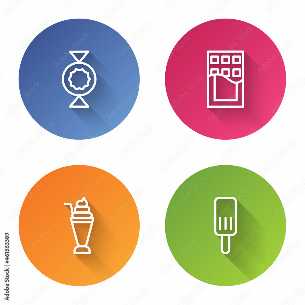 Set line Candy, Chocolate bar, Milkshake and Ice cream. Color circle button. Vector Set line Candy, Chocolate bar, Milkshake and Ice cream. Color circle button. Vector