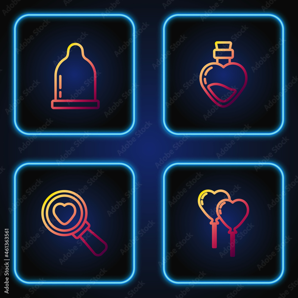 Set line Balloons in form of heart, Search and love, Condom and Bottle with potion. Gradient color icons. Vector