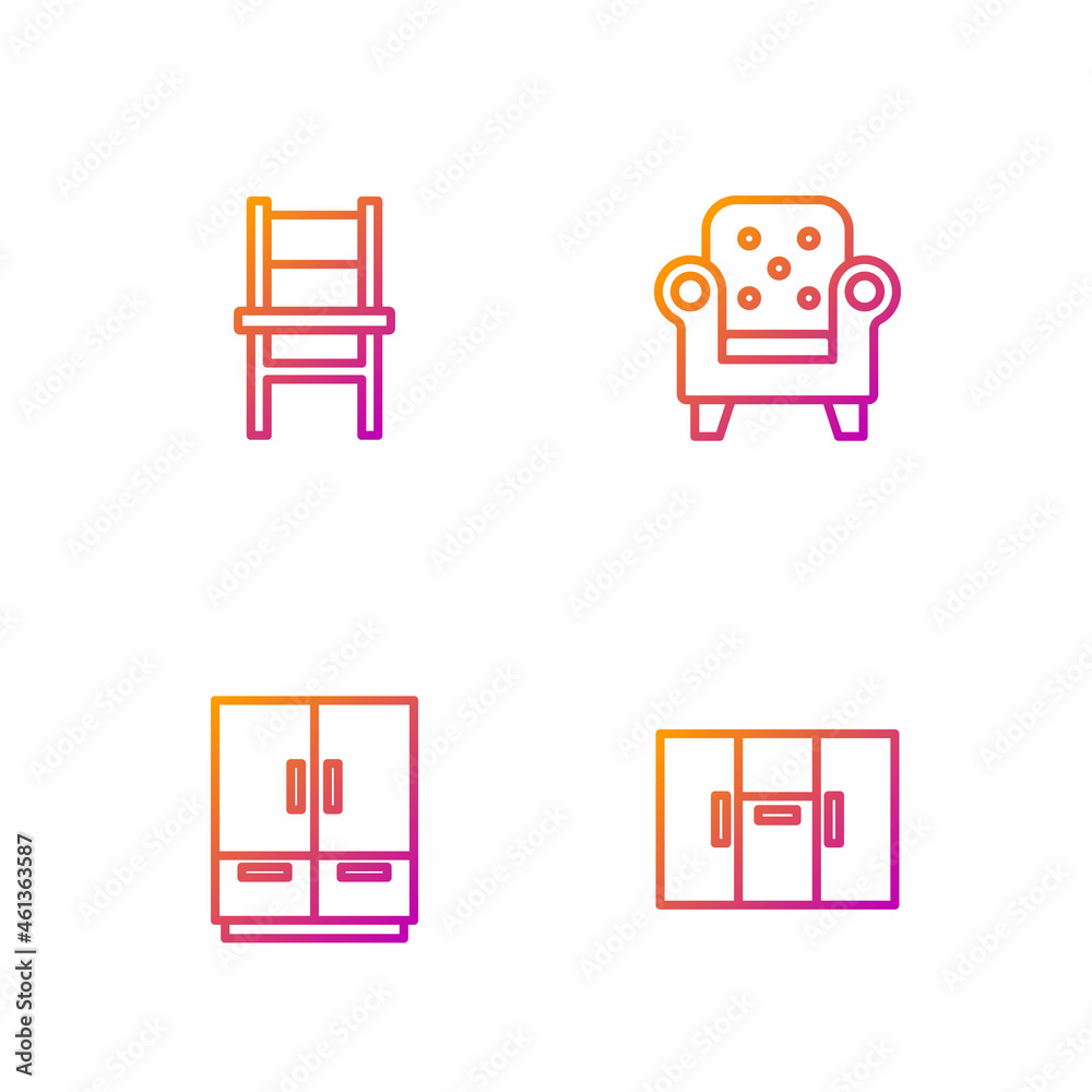 Set line Wardrobe, , Chair and Armchair. Gradient color icons. Vector Set line Wardrobe, , Chair and Armchair. Gradient color icons. Vector